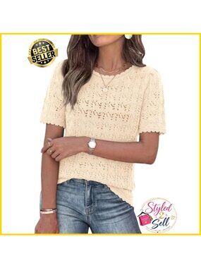 Crochet Knit Short Sleeve Sweater Top Lightweight Crew Neck Pullover